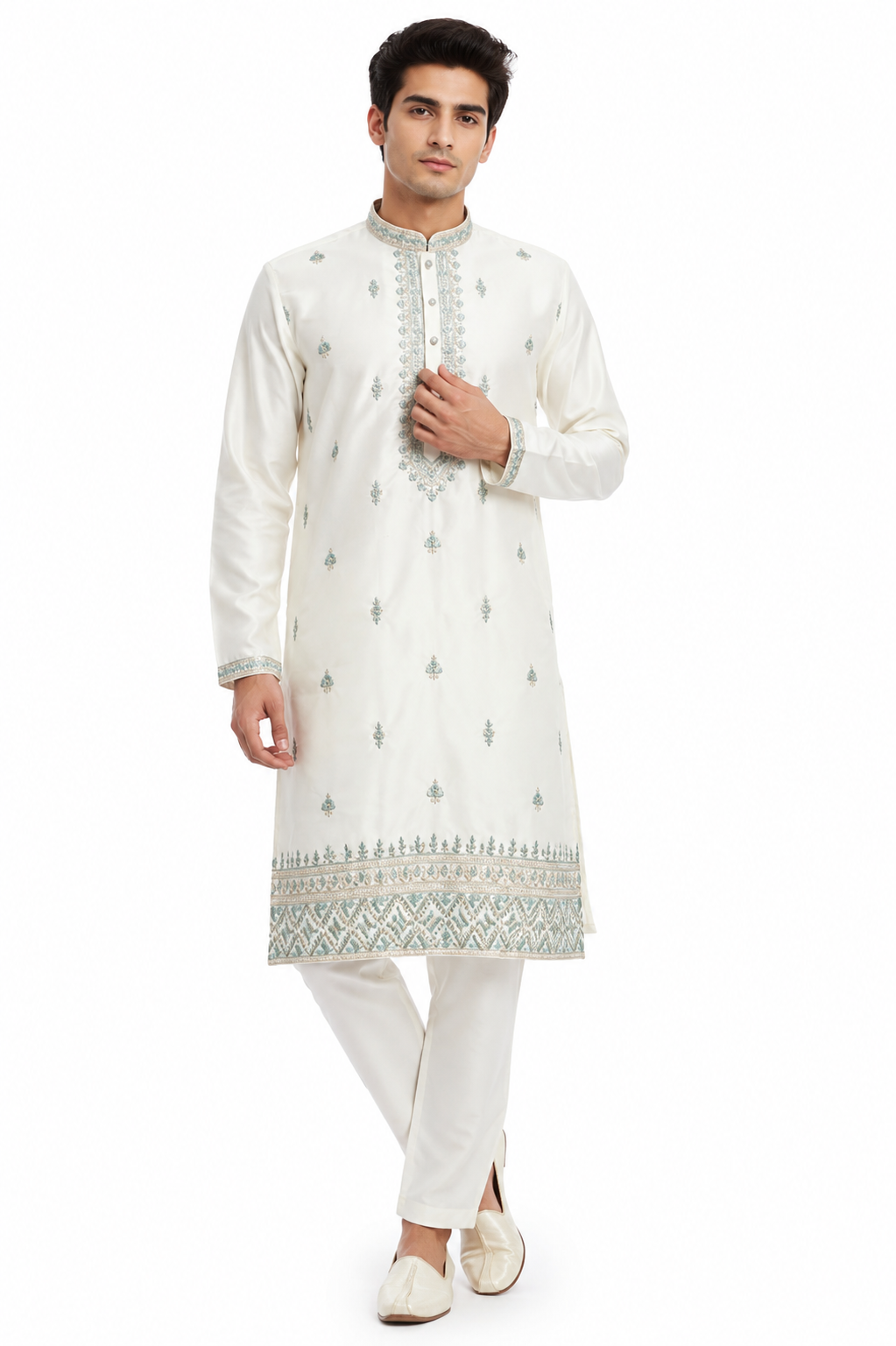 Men's mandarin collar Embroidery work kurta, Neck work, daman design and astar attached AST 20 - Blue