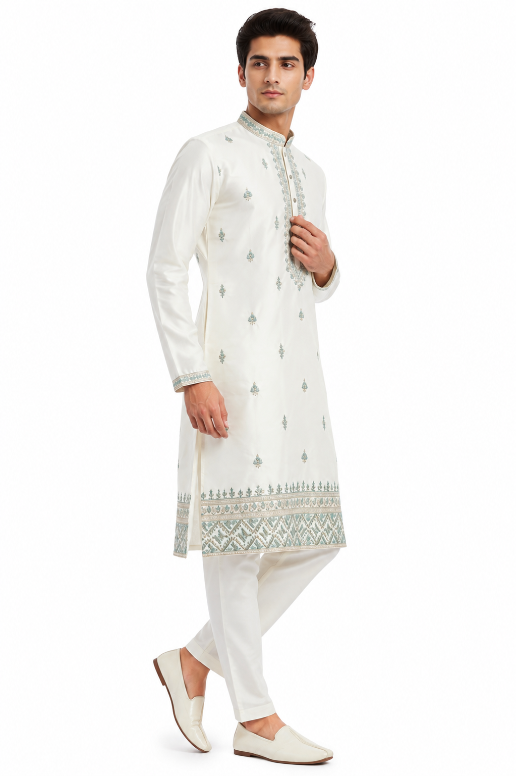 Men's mandarin collar Embroidery work kurta, Neck work, daman design and astar attached AST 20 - Blue