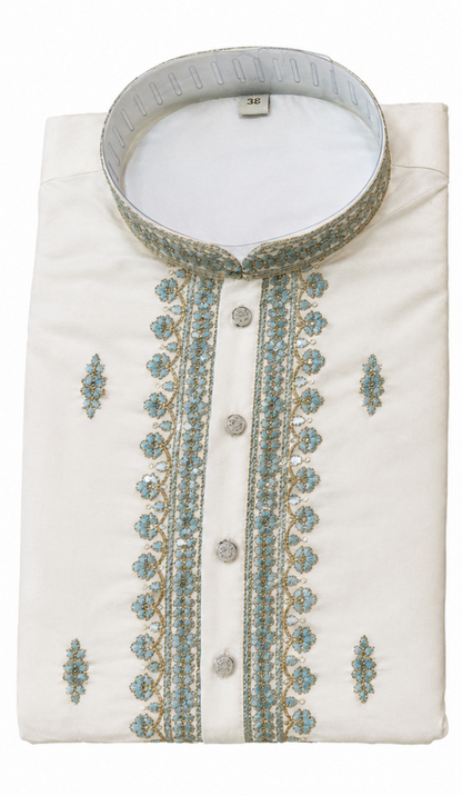 Men's mandarin collar Embroidery work kurta, Neck work, daman design and astar attached AST 20 - Blue