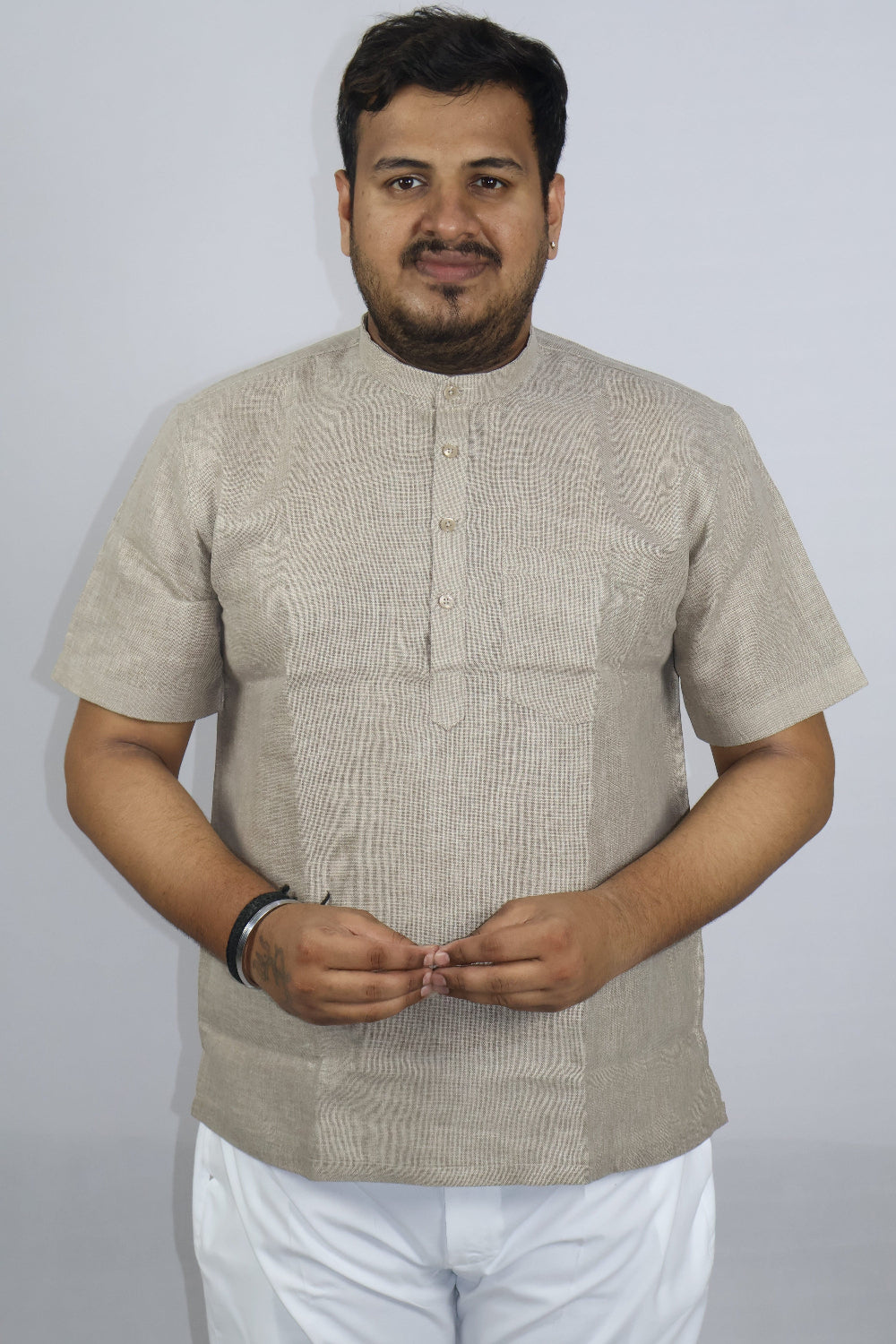 SHARPLINEN MEN'S HALF SLEEVE KURTA ASH GREY