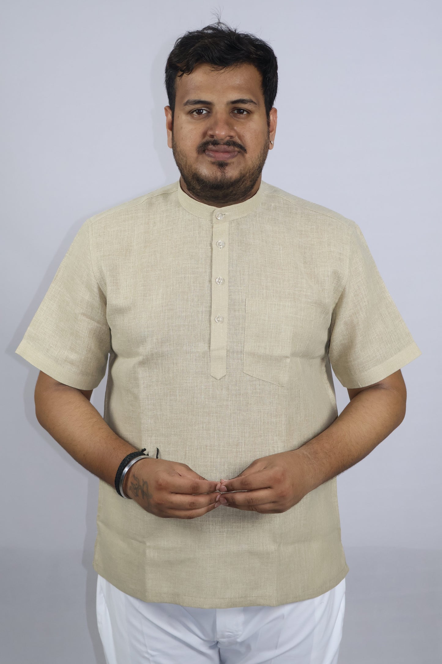 SHARPLINEN MEN'S HALF SLEEVE KURTA BEIGE
