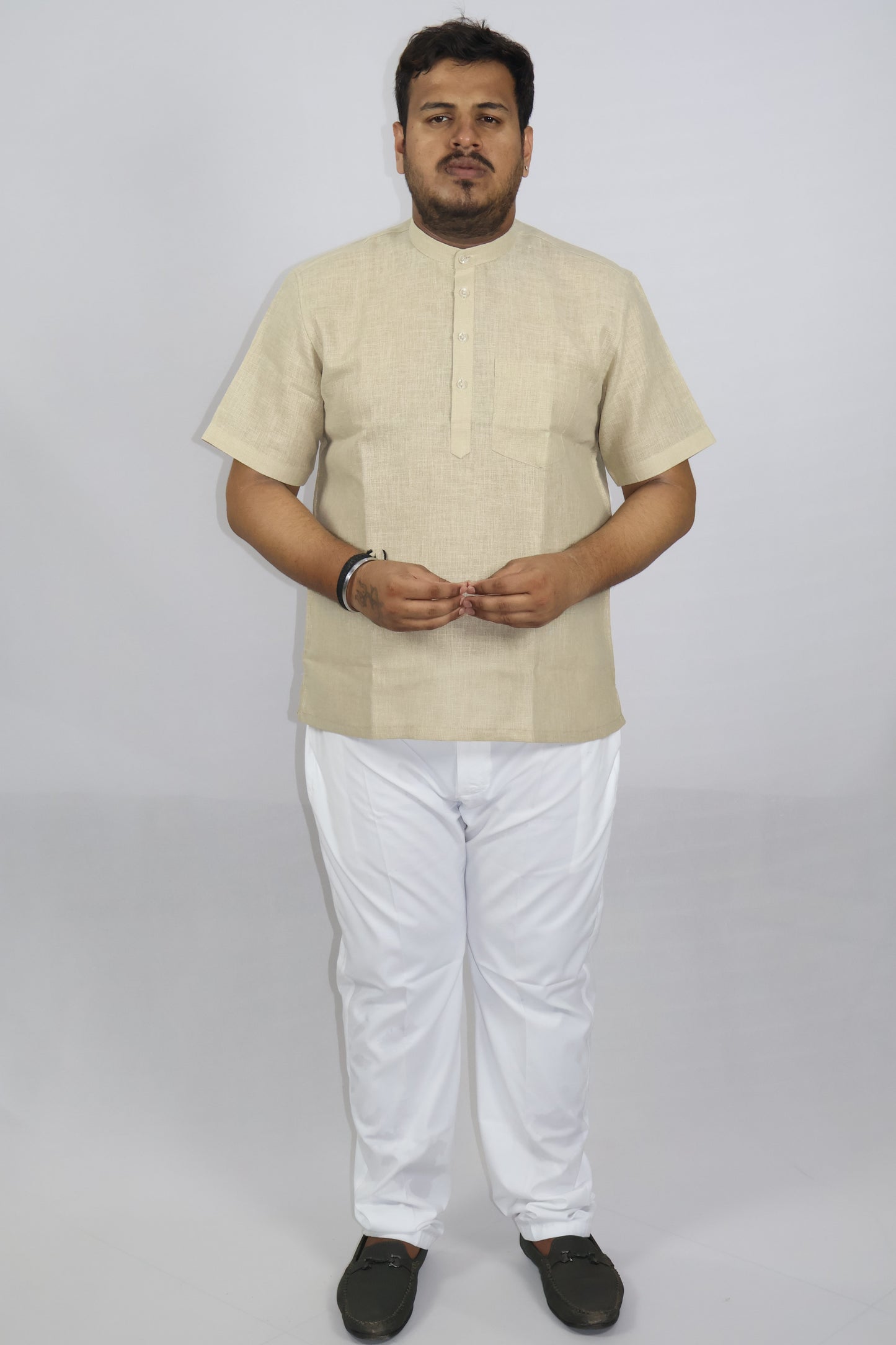 SHARPLINEN MEN'S HALF SLEEVE KURTA BEIGE