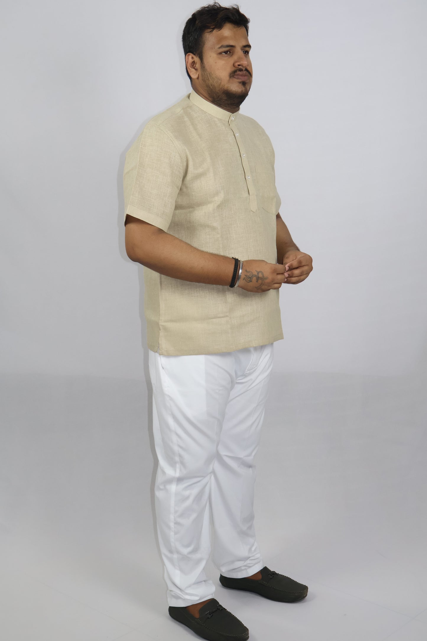 SHARPLINEN MEN'S HALF SLEEVE KURTA BEIGE
