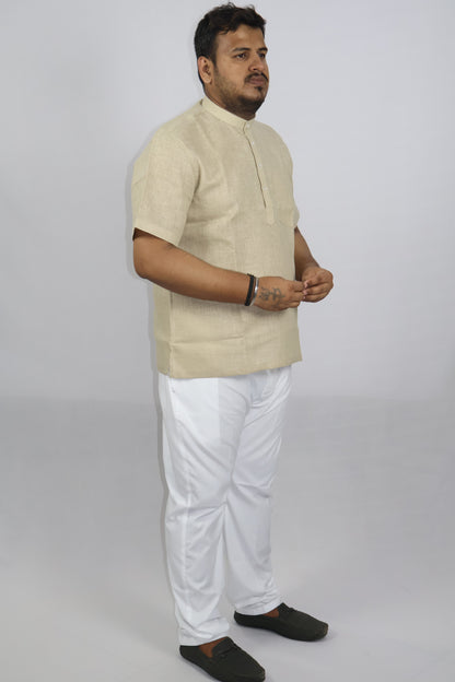 SHARPLINEN MEN'S HALF SLEEVE KURTA BEIGE