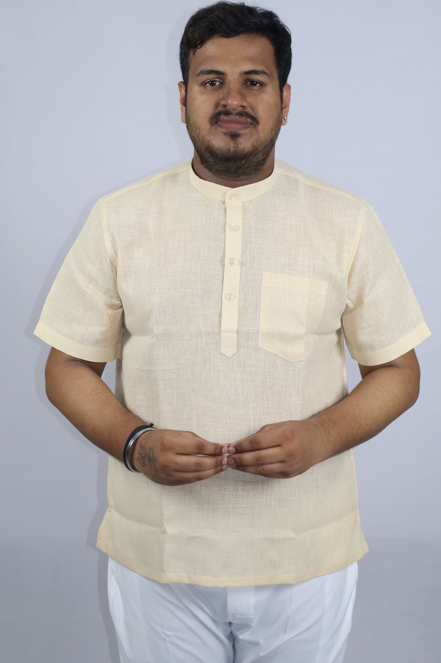 SHARPLINEN MEN'S HALF SLEEVE KURTA CREAM