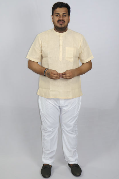 SHARPLINEN MEN'S HALF SLEEVE KURTA CREAM