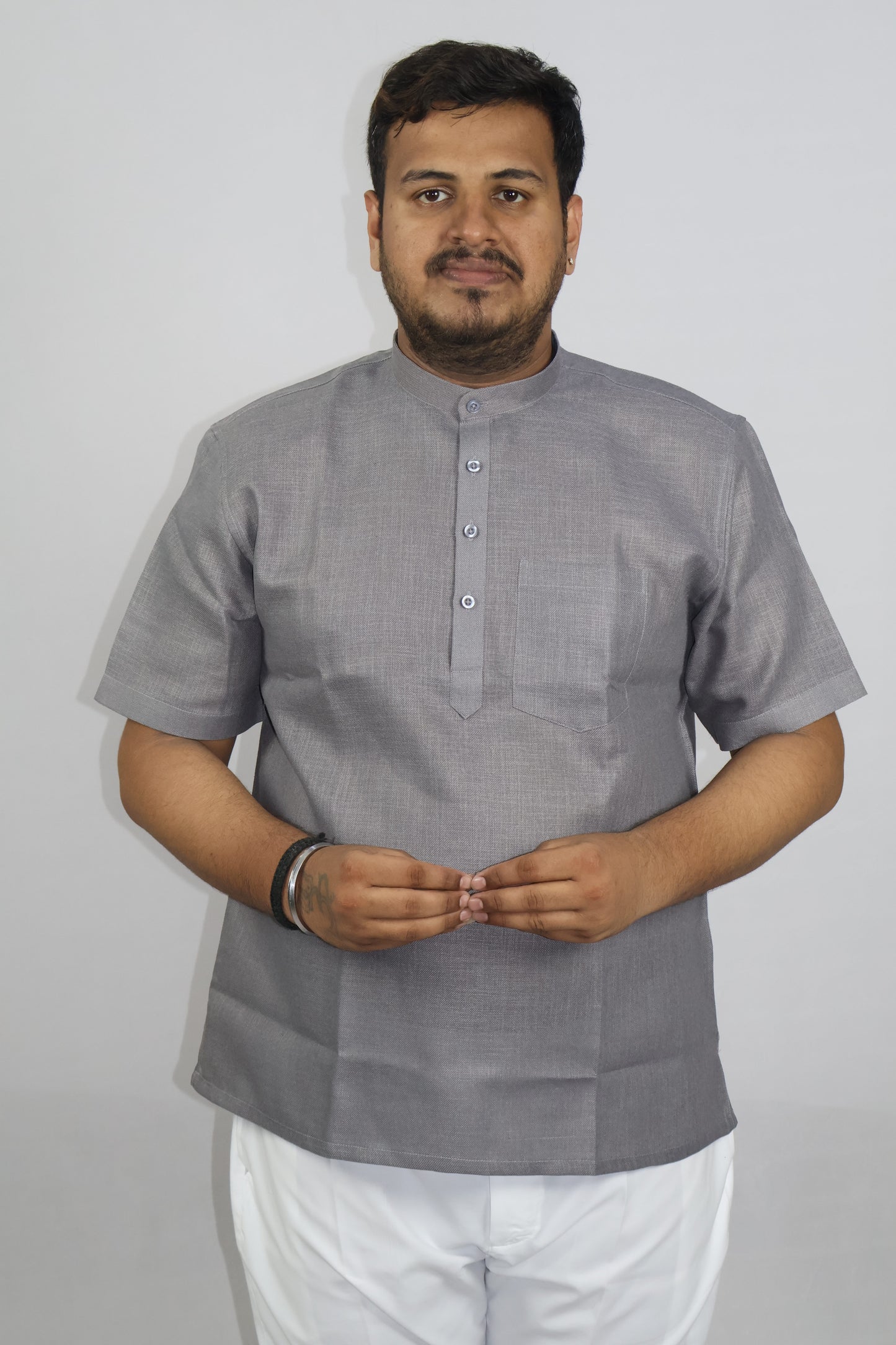 SHARPLINEN MEN'S HALF SLEEVE KURTA DARK GREY