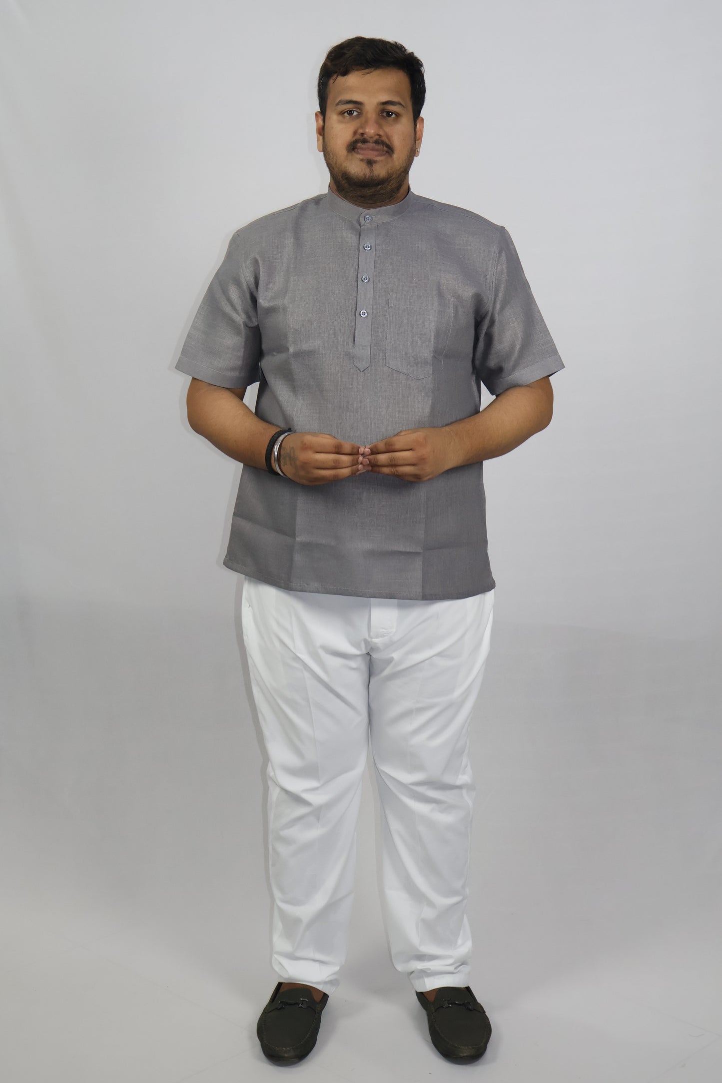 SHARPLINEN MEN'S HALF SLEEVE KURTA DARK GREY