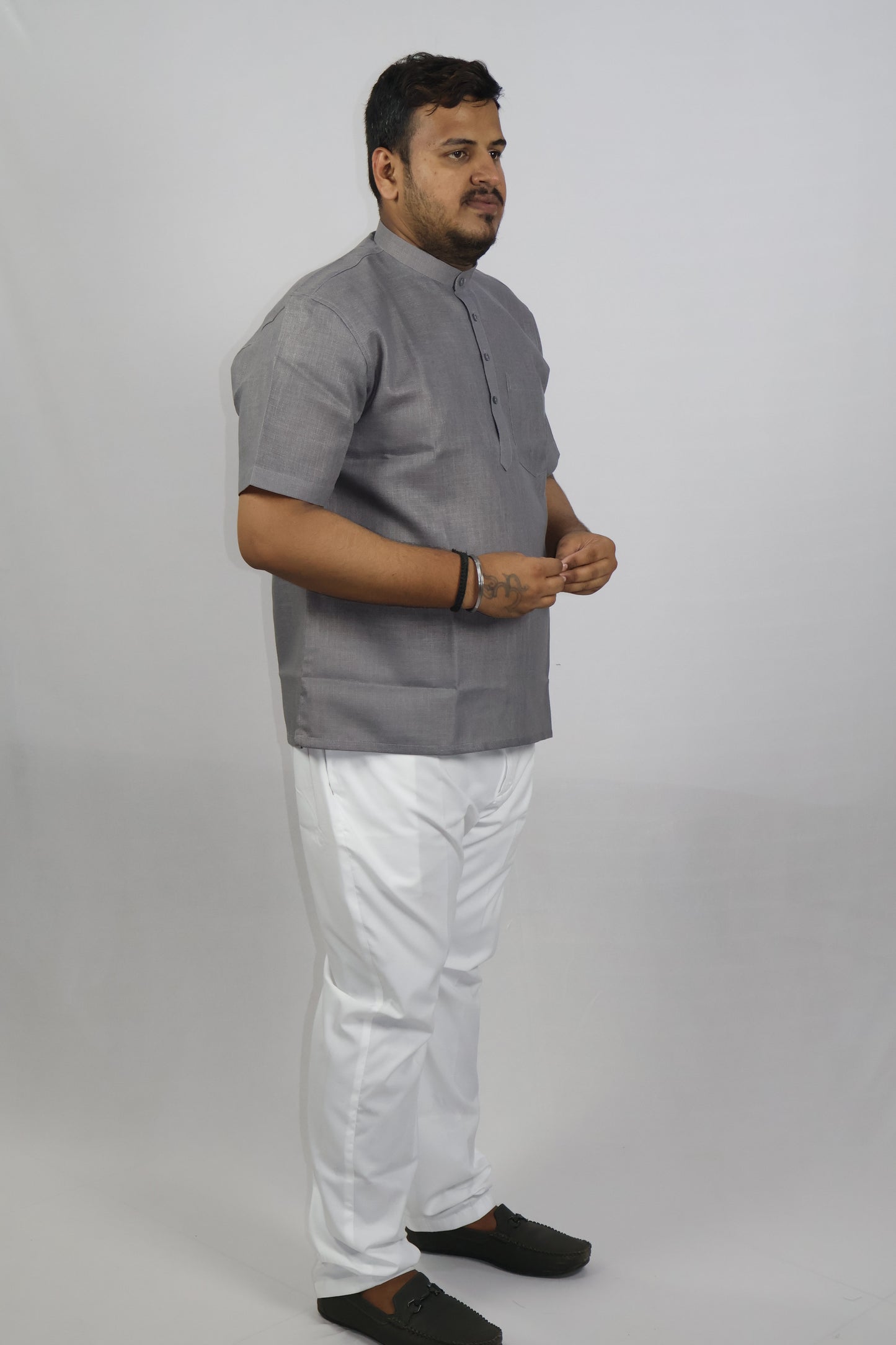 SHARPLINEN MEN'S HALF SLEEVE KURTA DARK GREY