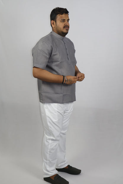 SHARPLINEN MEN'S HALF SLEEVE KURTA DARK GREY