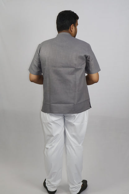 SHARPLINEN MEN'S HALF SLEEVE KURTA DARK GREY