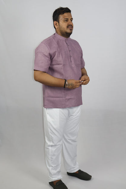 SHARPLINEN MEN'S HALF SLEEVE KURTA DARK LAVENDER