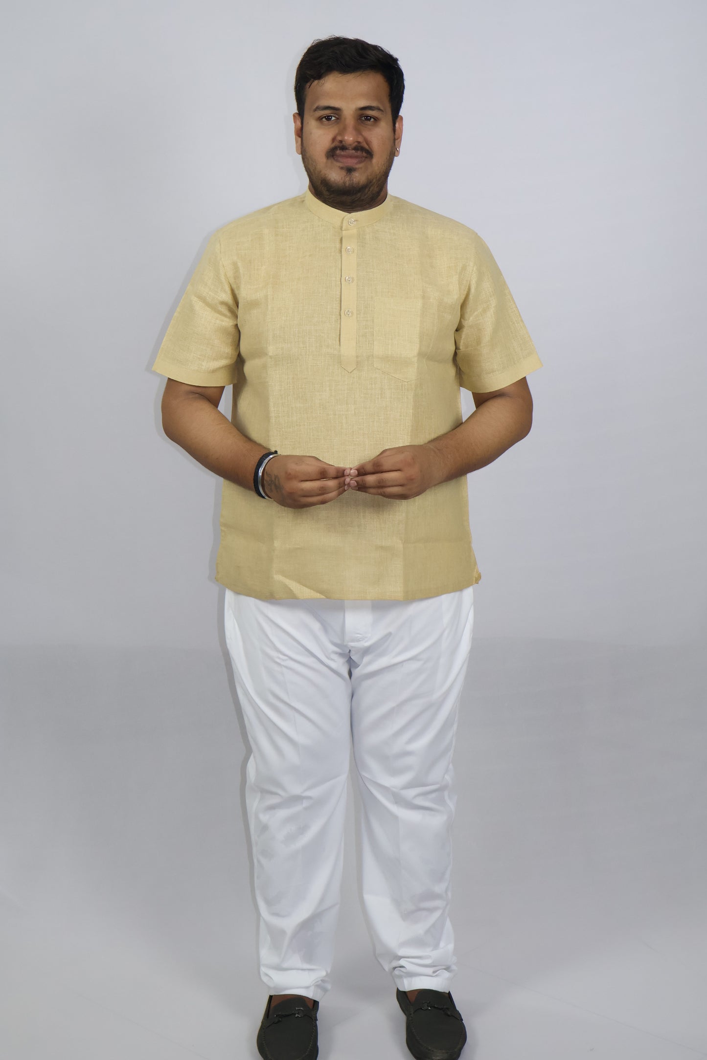 SHARPLINEN MEN'S HALF SLEEVE KURTA KHAKHI
