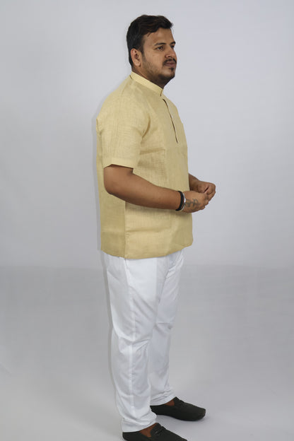 SHARPLINEN MEN'S HALF SLEEVE KURTA KHAKHI