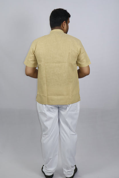 SHARPLINEN MEN'S HALF SLEEVE KURTA KHAKHI