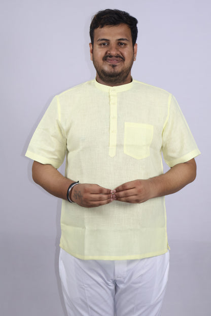 SHARPLINEN MEN'S HALF SLEEVE KURTA LEMON YELLOW