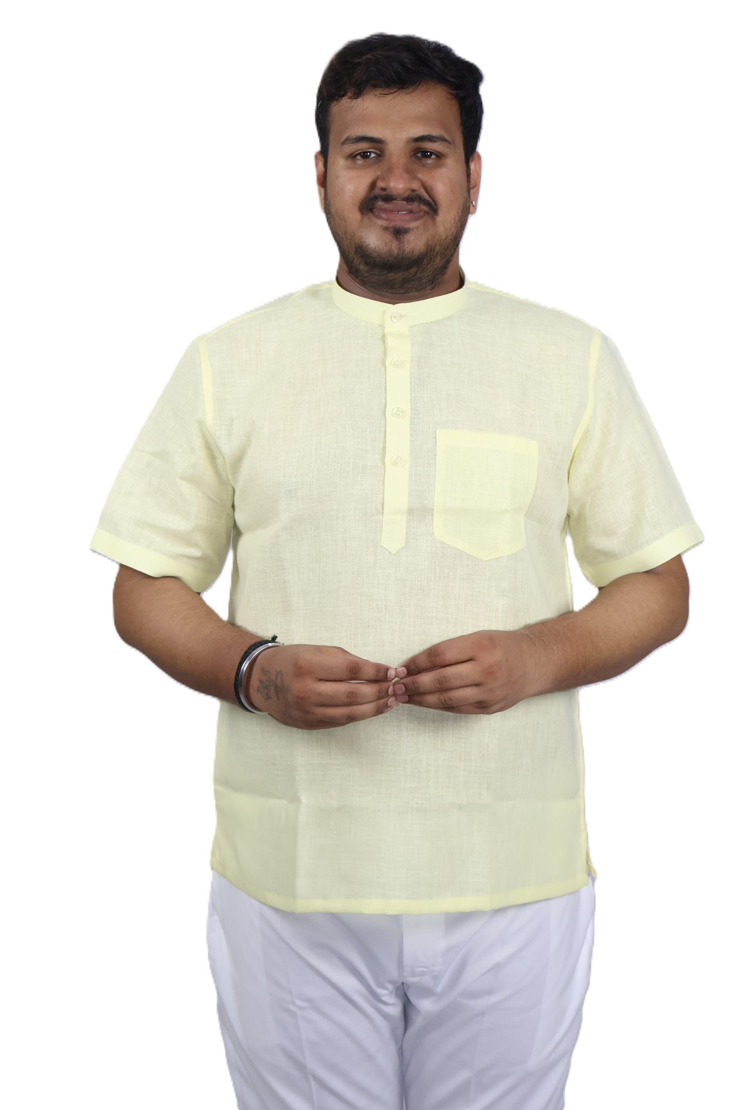 SHARPLINEN MEN'S HALF SLEEVE KURTA LEMON YELLOW