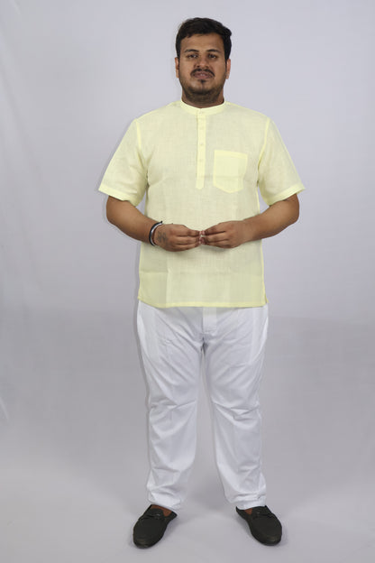 SHARPLINEN MEN'S HALF SLEEVE KURTA LEMON YELLOW
