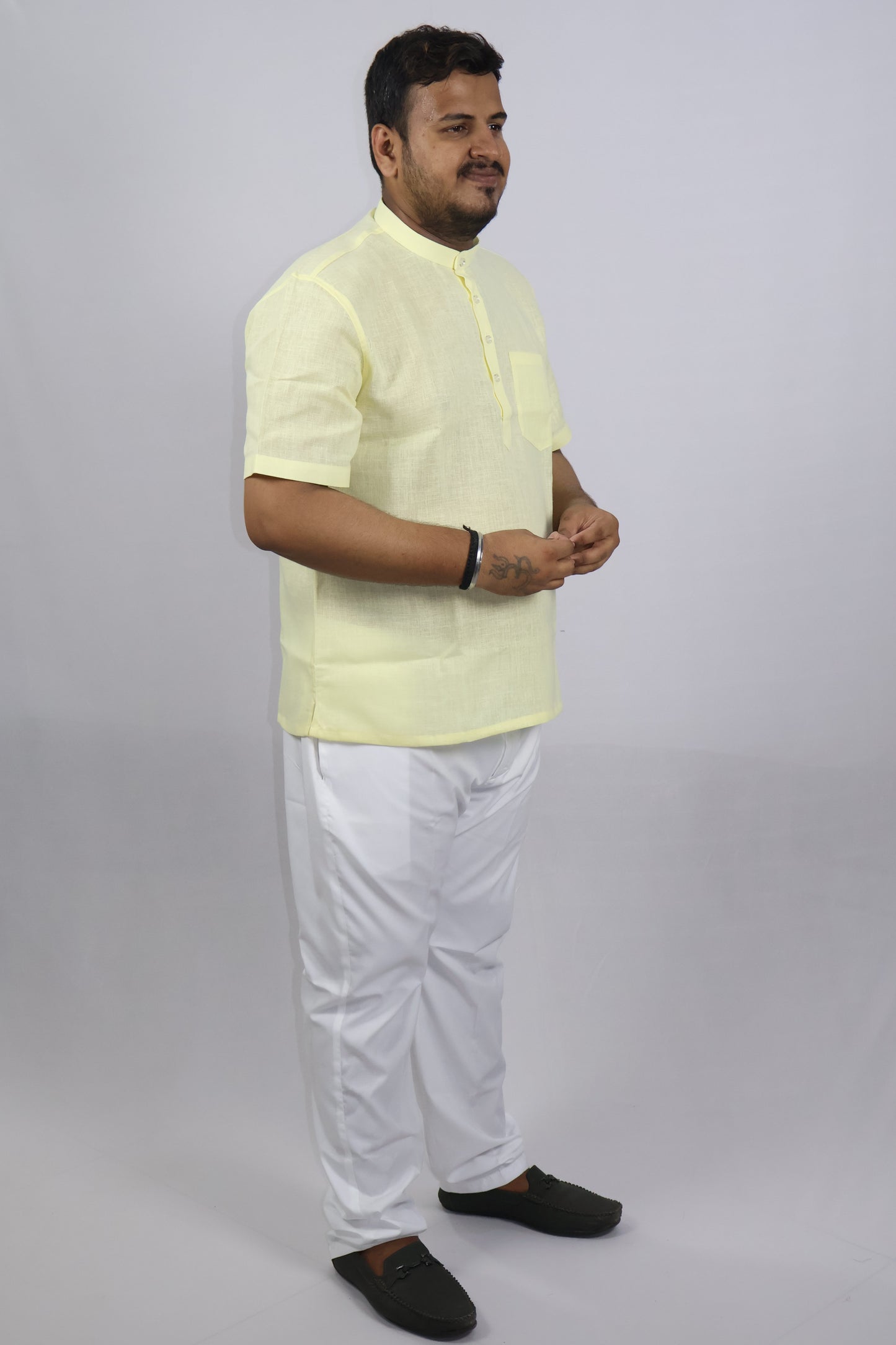 SHARPLINEN MEN'S HALF SLEEVE KURTA LEMON YELLOW