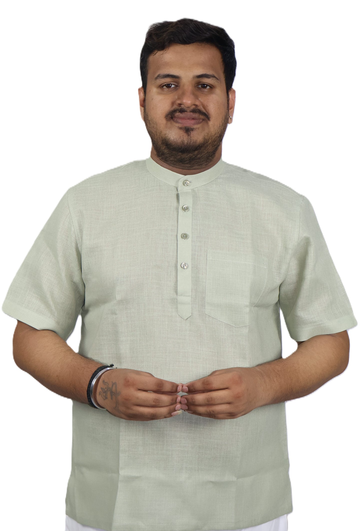 SHARPLINEN MEN'S HALF SLEEVE KURTA LIGHT GREEN
