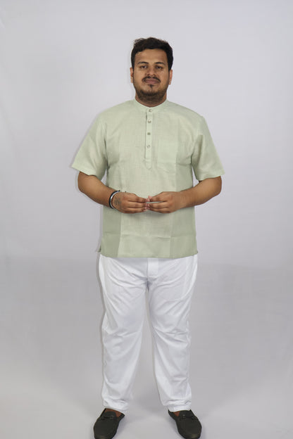 SHARPLINEN MEN'S HALF SLEEVE KURTA LIGHT GREEN