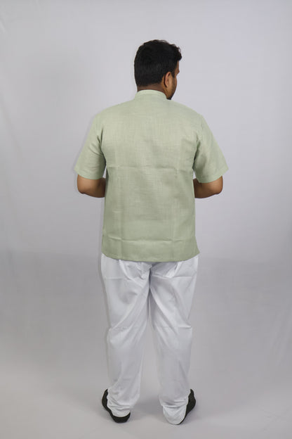 SHARPLINEN MEN'S HALF SLEEVE KURTA LIGHT GREEN