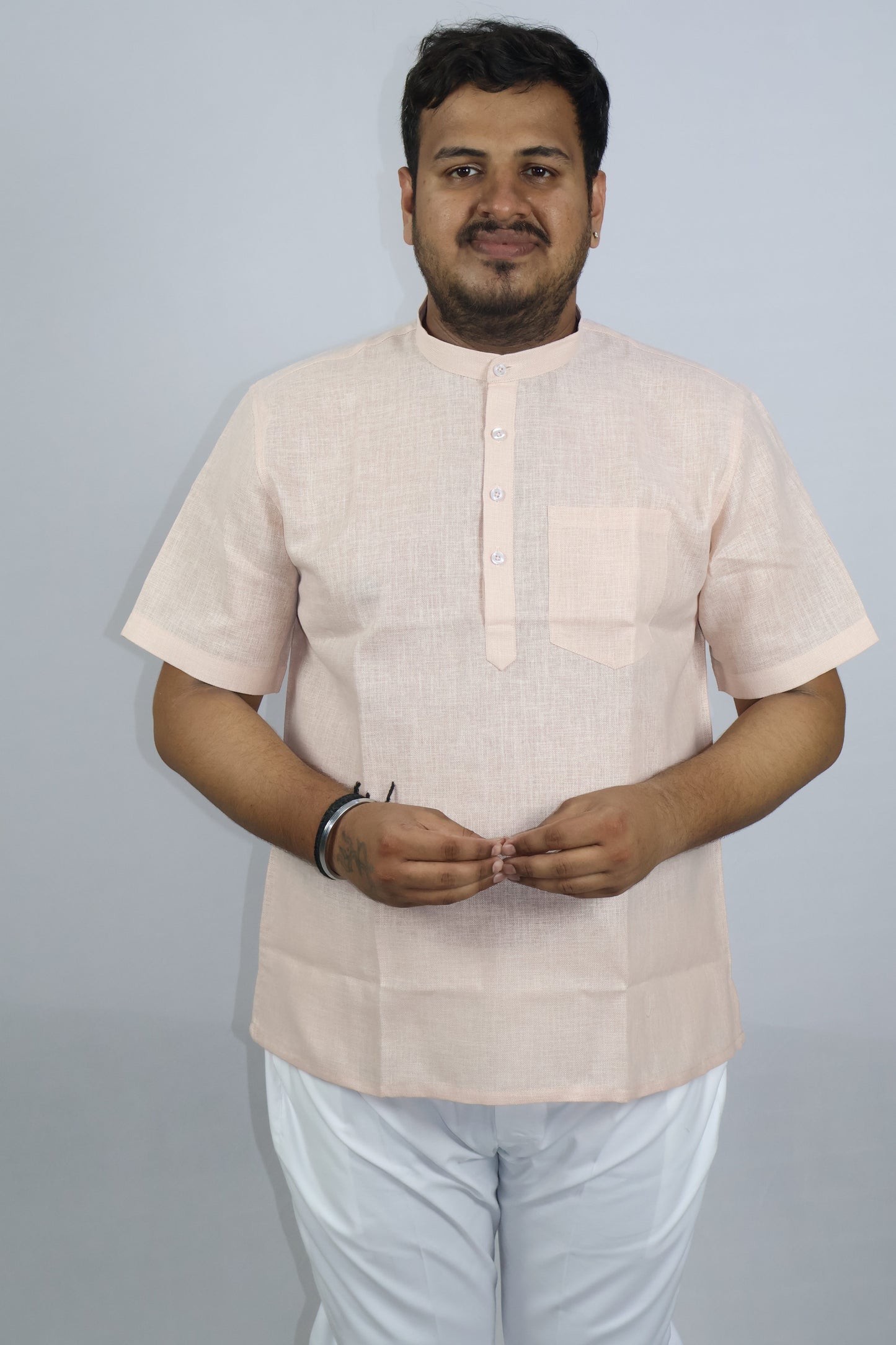 SHARPLINEN MEN'S HALF SLEEVE KURTA LIGHT PEACH