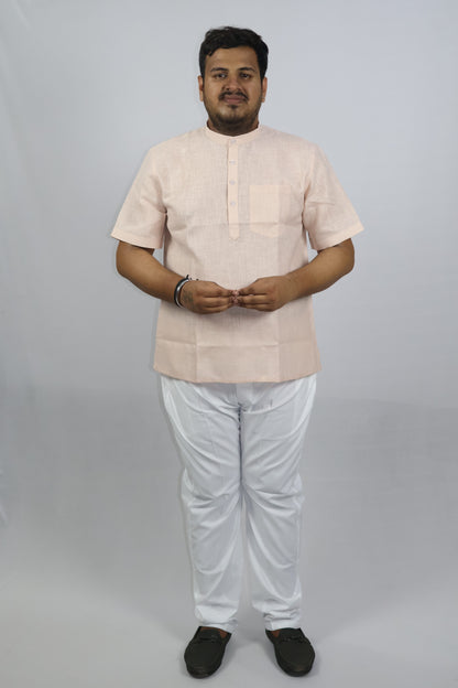SHARPLINEN MEN'S HALF SLEEVE KURTA LIGHT PEACH