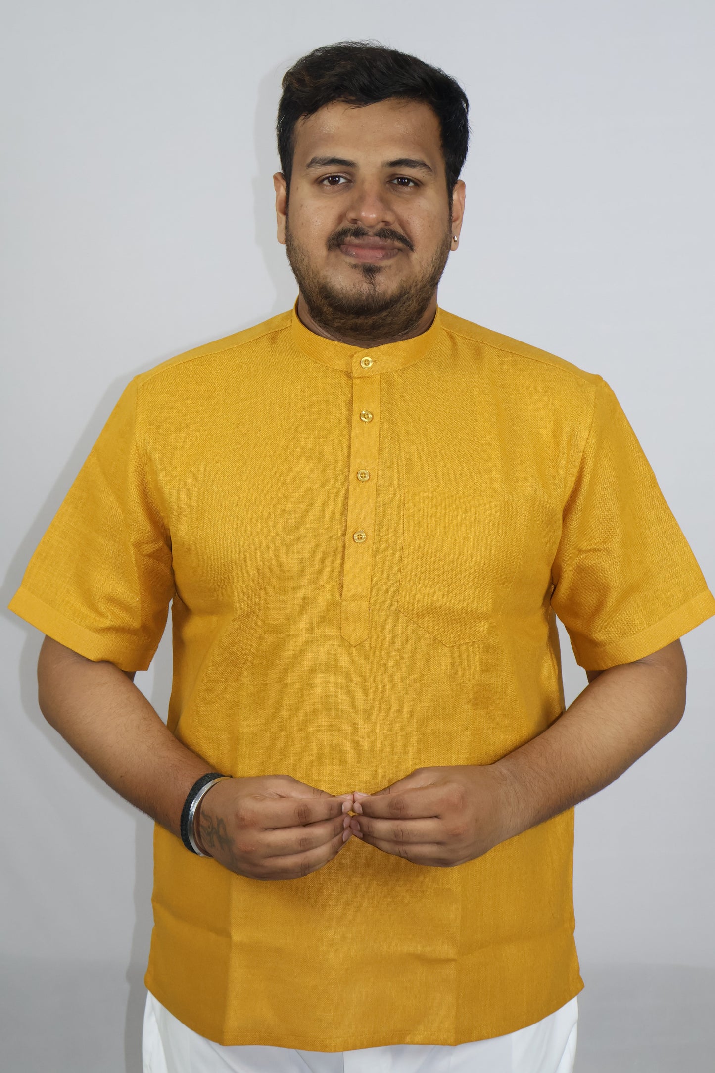 SHARPLINEN MEN'S HALF SLEEVE KURTA MUSTARD YELLOW