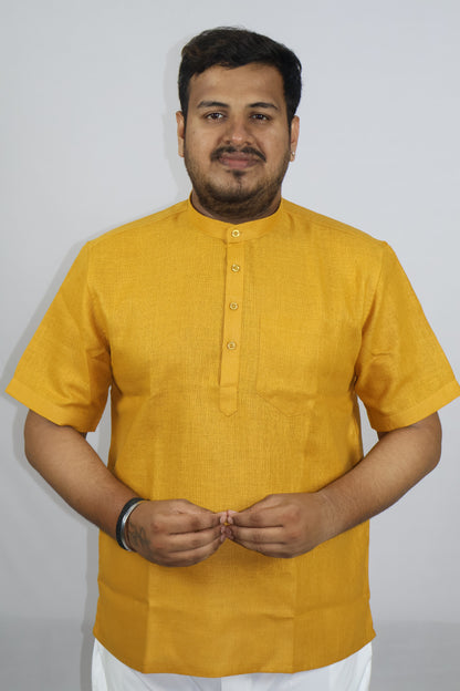 SHARPLINEN MEN'S HALF SLEEVE KURTA MUSTARD YELLOW