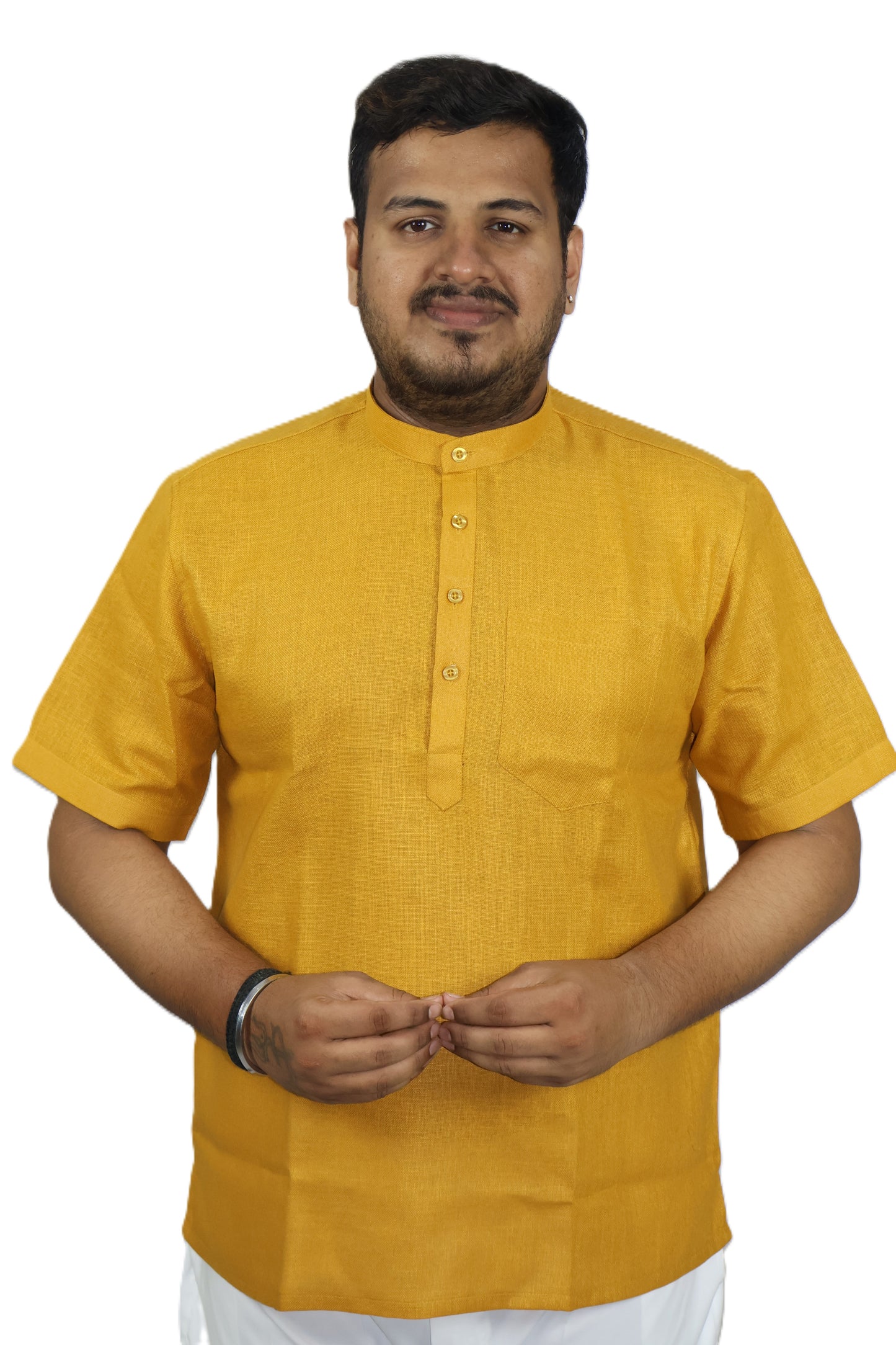 SHARPLINEN MEN'S HALF SLEEVE KURTA MUSTARD YELLOW