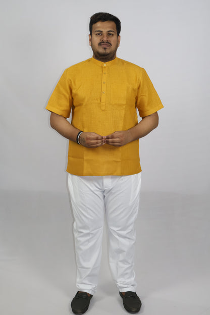 SHARPLINEN MEN'S HALF SLEEVE KURTA MUSTARD YELLOW