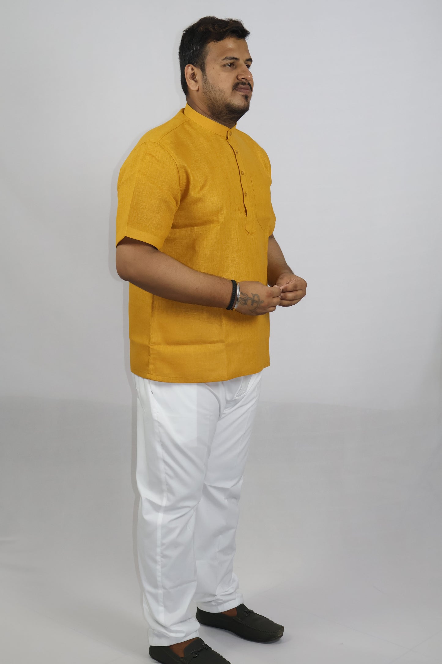 SHARPLINEN MEN'S HALF SLEEVE KURTA MUSTARD YELLOW