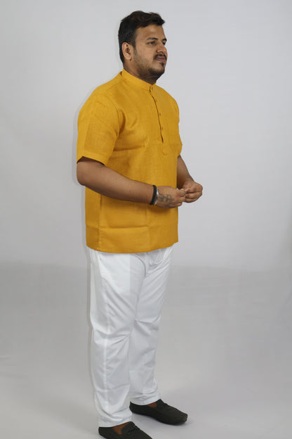 SHARPLINEN MEN'S HALF SLEEVE KURTA MUSTARD YELLOW