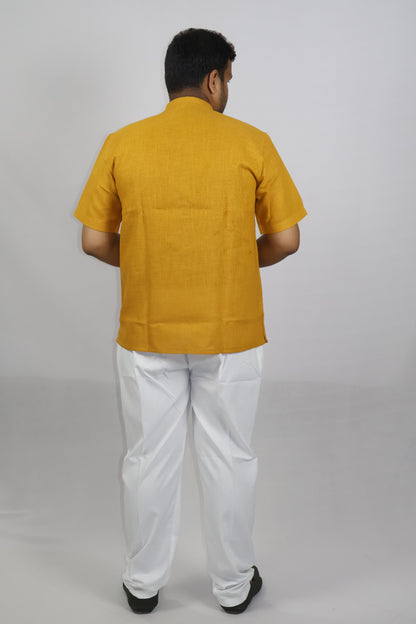 SHARPLINEN MEN'S HALF SLEEVE KURTA MUSTARD YELLOW