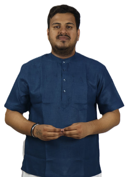 SHARPLINEN MEN'S HALF SLEEVE KURTA NAVY BLUE