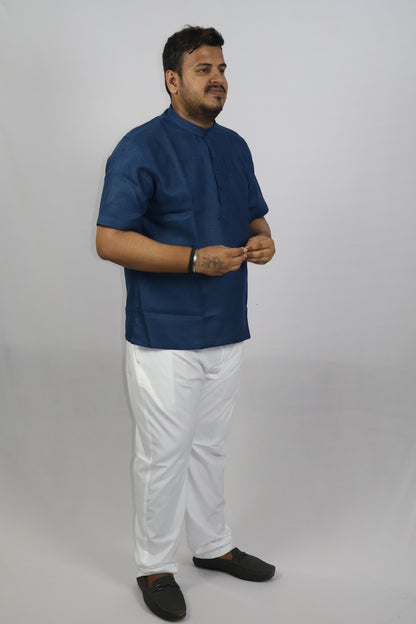 SHARPLINEN MEN'S HALF SLEEVE KURTA NAVY BLUE
