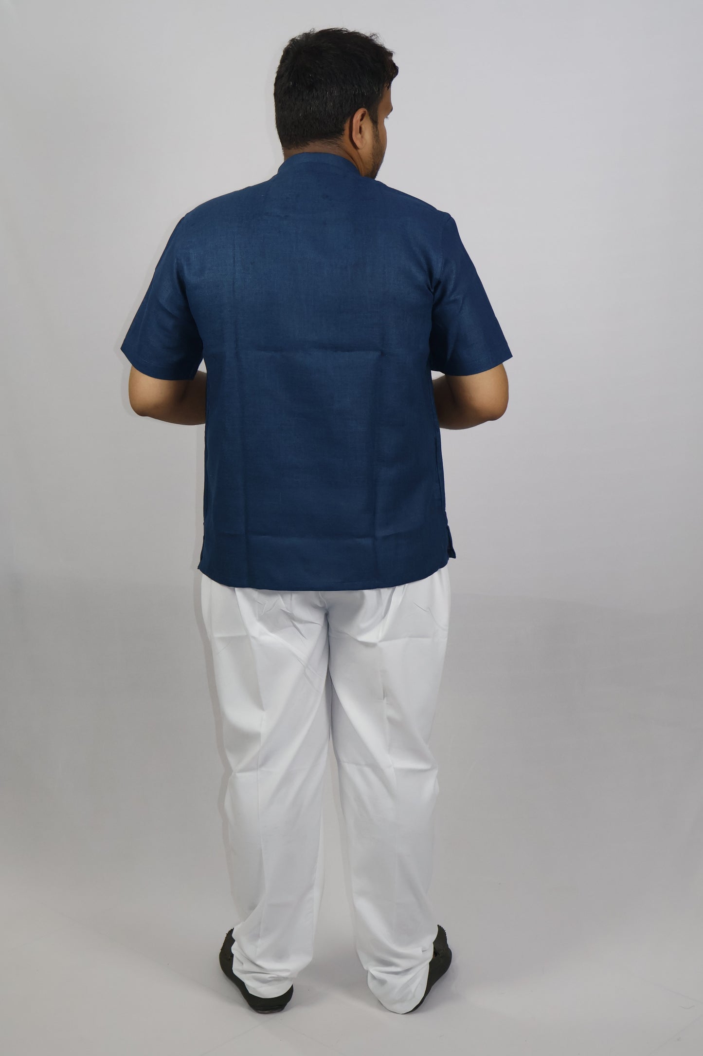 SHARPLINEN MEN'S HALF SLEEVE KURTA NAVY BLUE