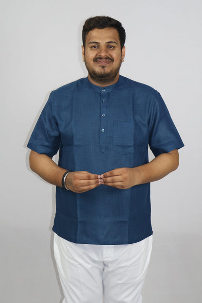 SHARPLINEN MEN'S HALF SLEEVE KURTA NAVY BLUE