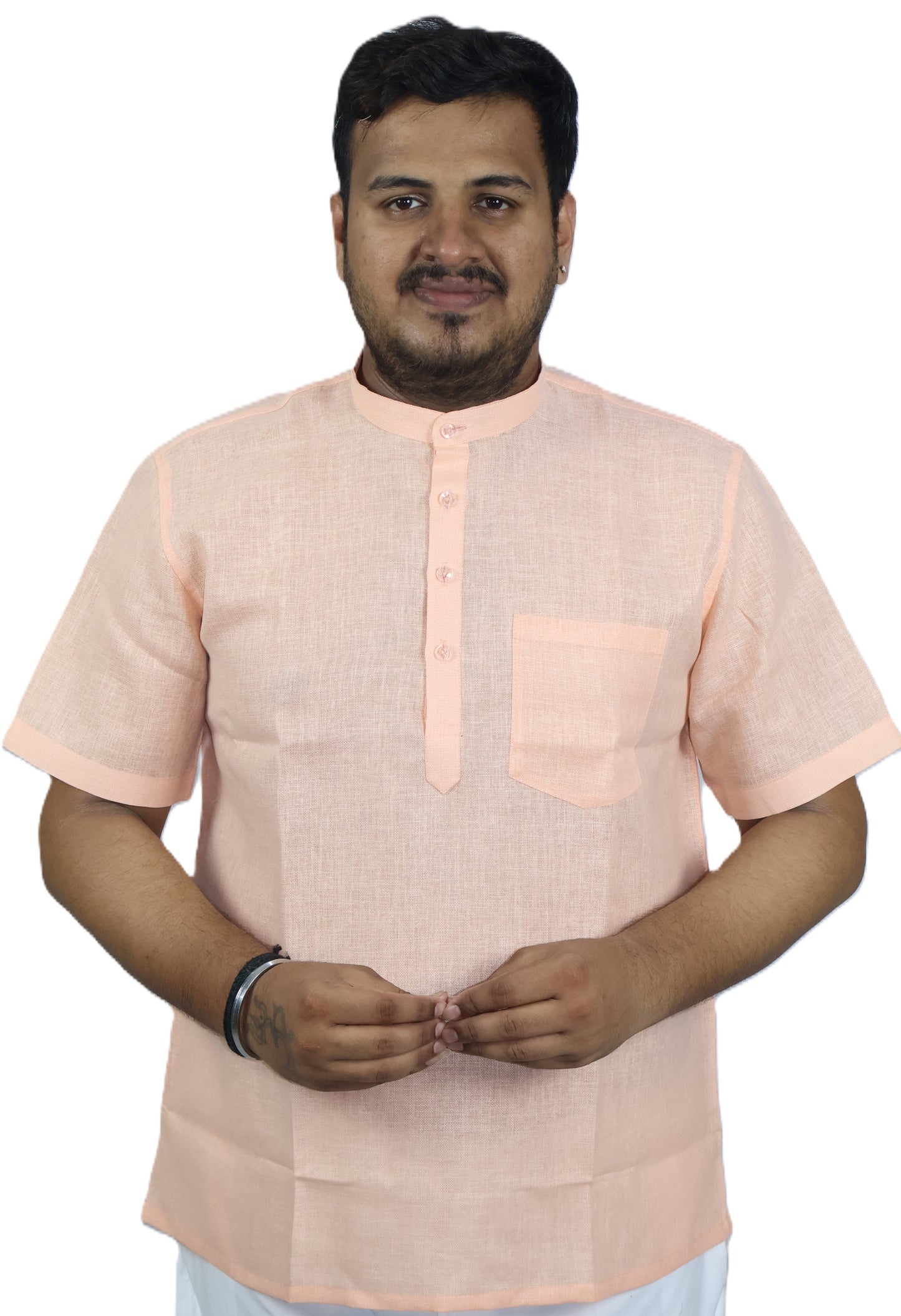 SHARPLINEN MEN'S HALF SLEEVE KURTA PEACH