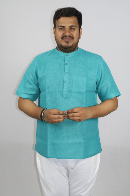 SHARPLINEN MEN'S HALF SLEEVE KURTA RAMA GREEN