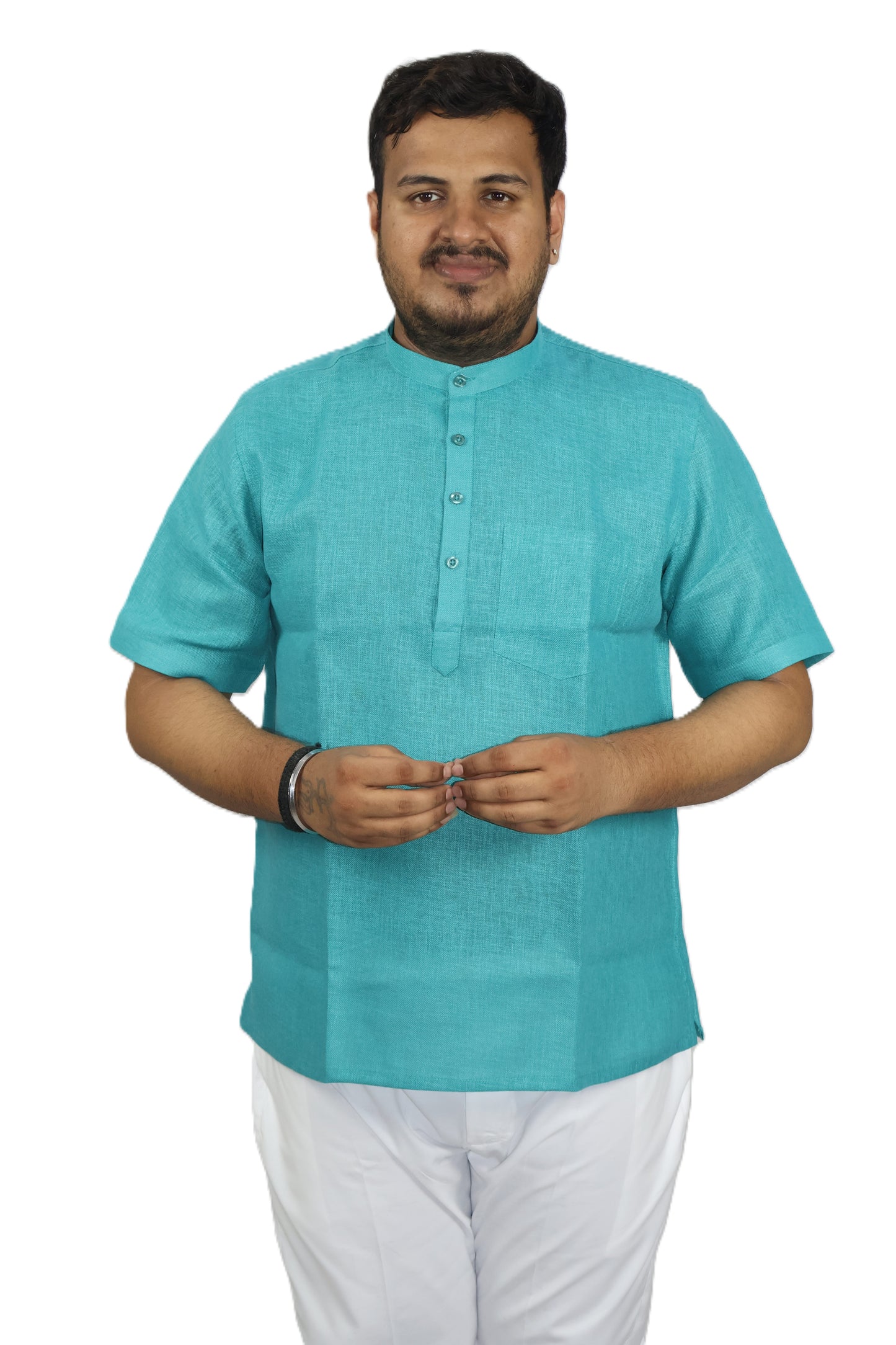 SHARPLINEN MEN'S HALF SLEEVE KURTA RAMA GREEN