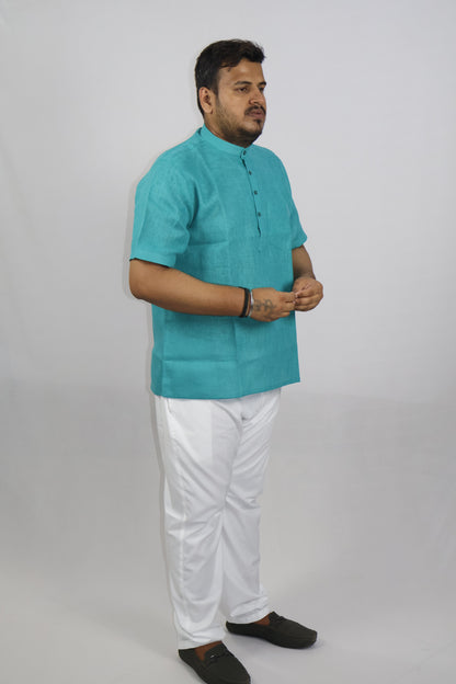 SHARPLINEN MEN'S HALF SLEEVE KURTA RAMA GREEN