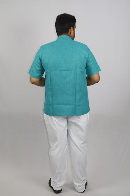 SHARPLINEN MEN'S HALF SLEEVE KURTA RAMA GREEN