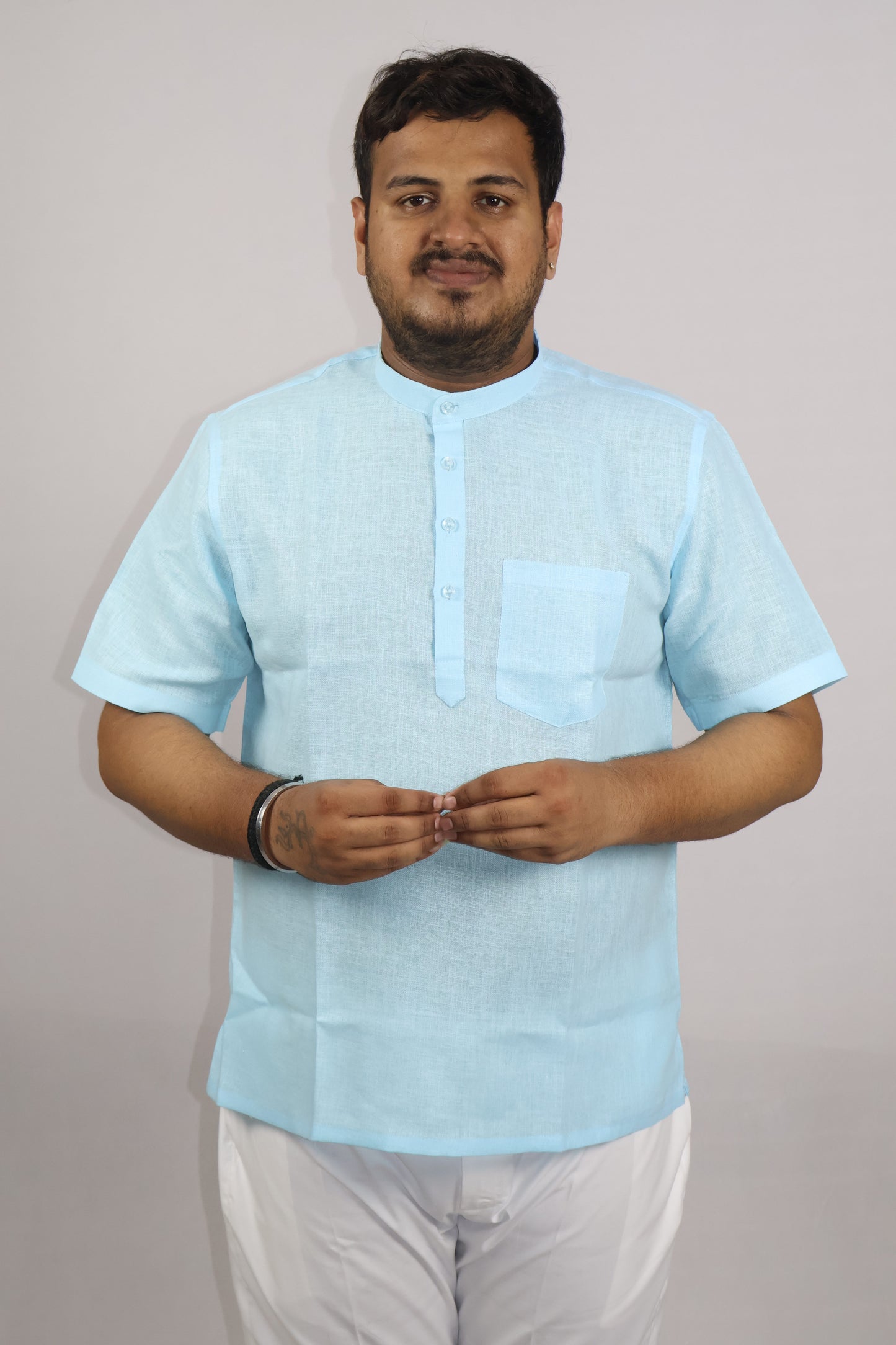 SHARPLINEN MEN'S HALF SLEEVE KURTA SKY BLUE
