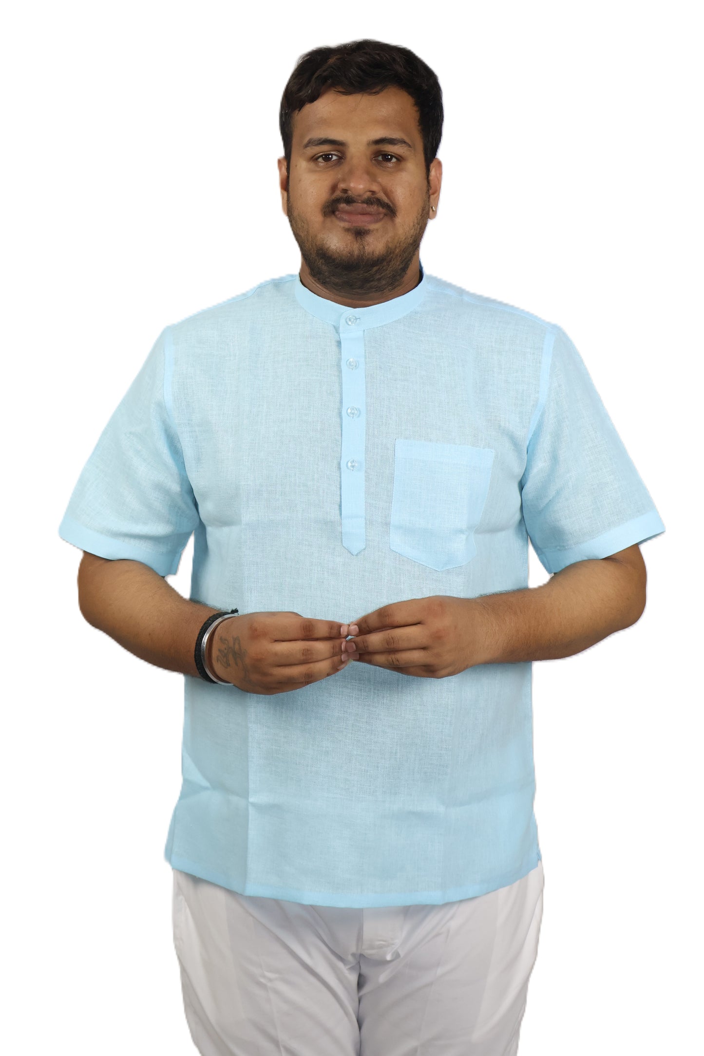 SHARPLINEN MEN'S HALF SLEEVE KURTA SKY BLUE