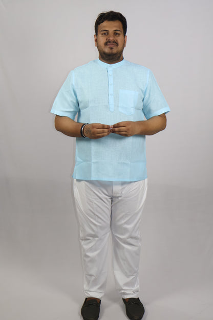 SHARPLINEN MEN'S HALF SLEEVE KURTA SKY BLUE