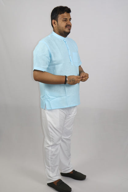 SHARPLINEN MEN'S HALF SLEEVE KURTA SKY BLUE