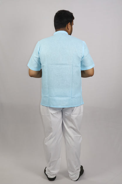 SHARPLINEN MEN'S HALF SLEEVE KURTA SKY BLUE