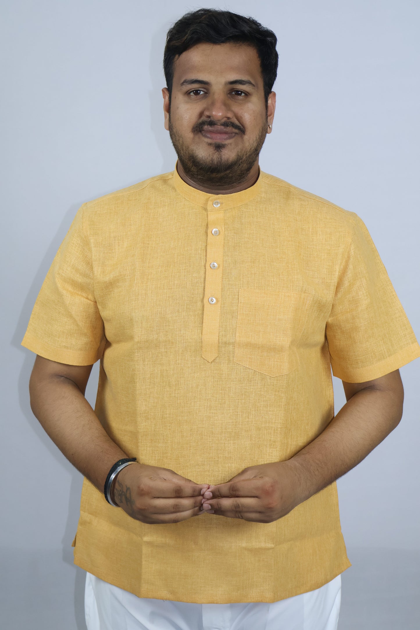 SHARPLINEN MEN'S HALF SLEEVE KURTA TURMERIC
